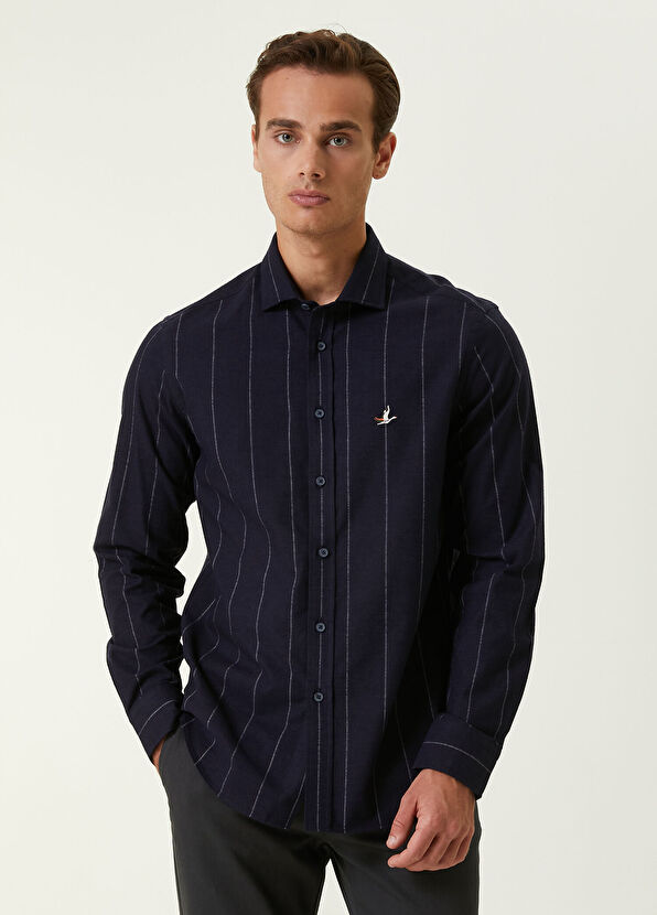 Beymen Club Comfort Fit Lacivert İri Çizgi Desenli Flanel Göml - 1