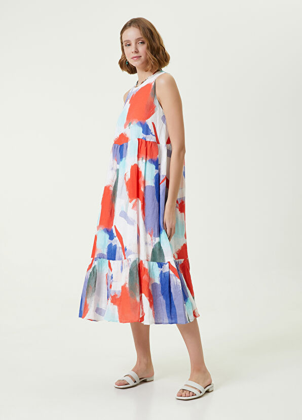 Beymen Club Beyaz Marin Fırça Desenli Midi Kolsuz Keten Elbise - 1