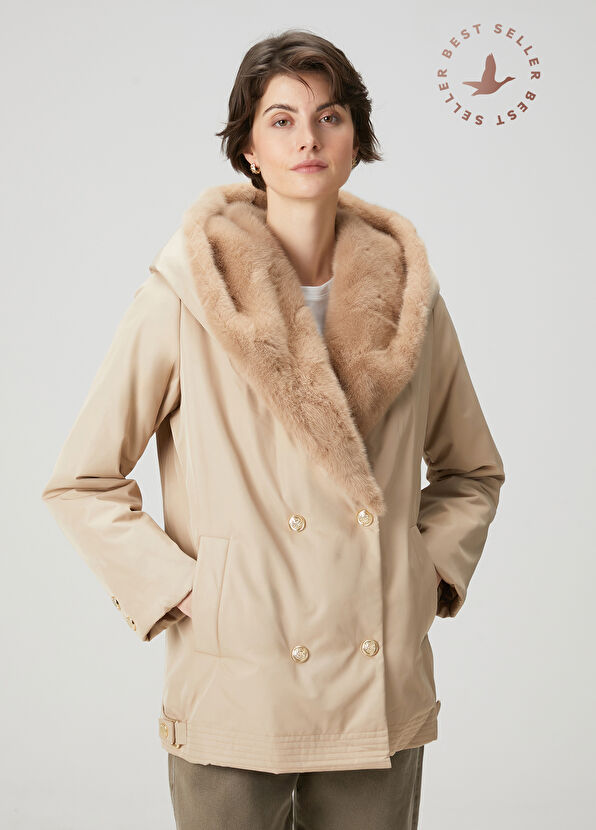 Beymen Club Bej Kapüşonlu Kruvaze Kaban - 1