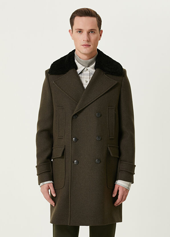 Beymen Club Haki Yakası Shearling Detaylı Yün Kruvaze Palto - 1