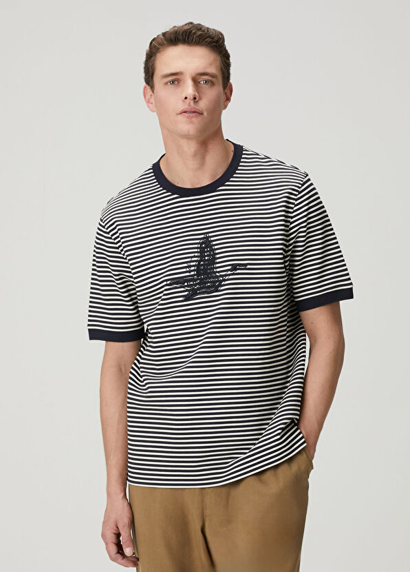 Beymen Club Navy Blue White Relax Fit Striped T-Shirt - 1