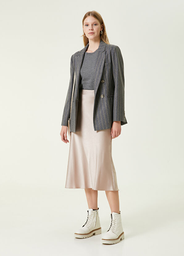 Beymen Club Grey Beige Notch Lapel Striped Double-Breasted Wool Blazer - 2