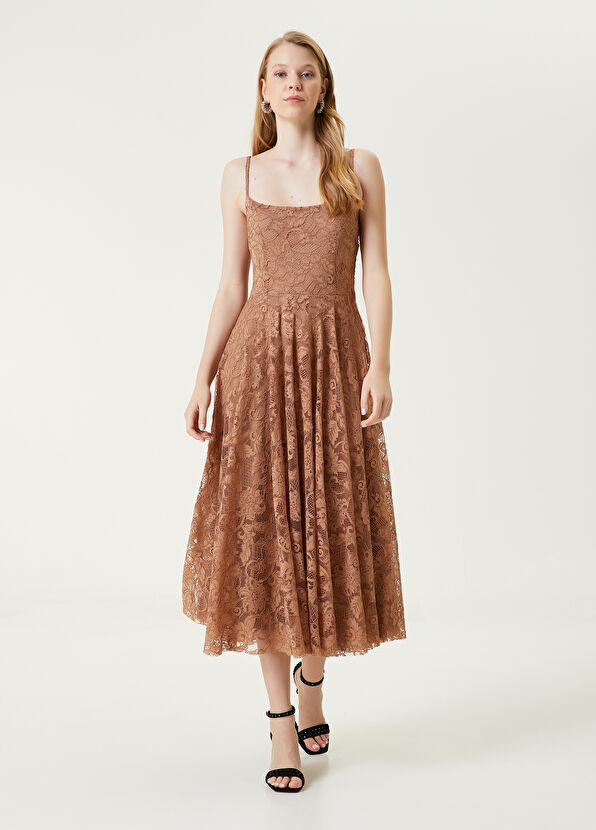 Beymen Club Dark Beige Midi Lace Cocktail Dress - 1