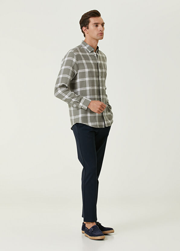 Beymen Club Comfort Fit Light Khaki Square Plaid Linen Shirt - 3