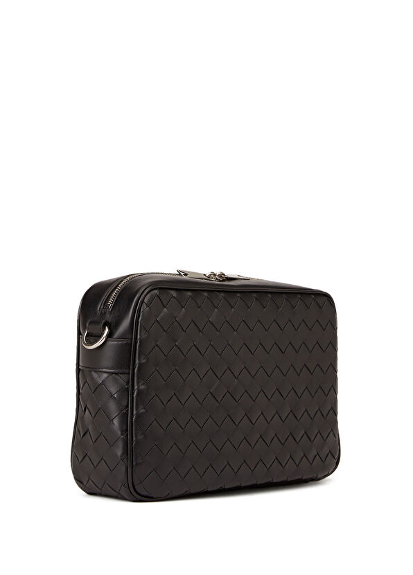 Medium Siyah Örgü Dokulu Erkek Deri Çapraz Çanta - Görsel 4