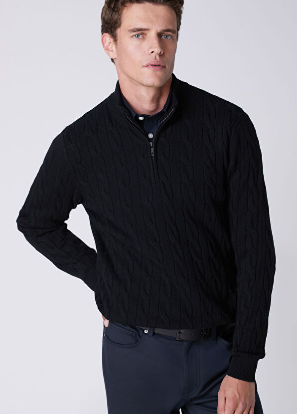 Beymen Club Black Collar Zippered Braid Textured Sweater - 2