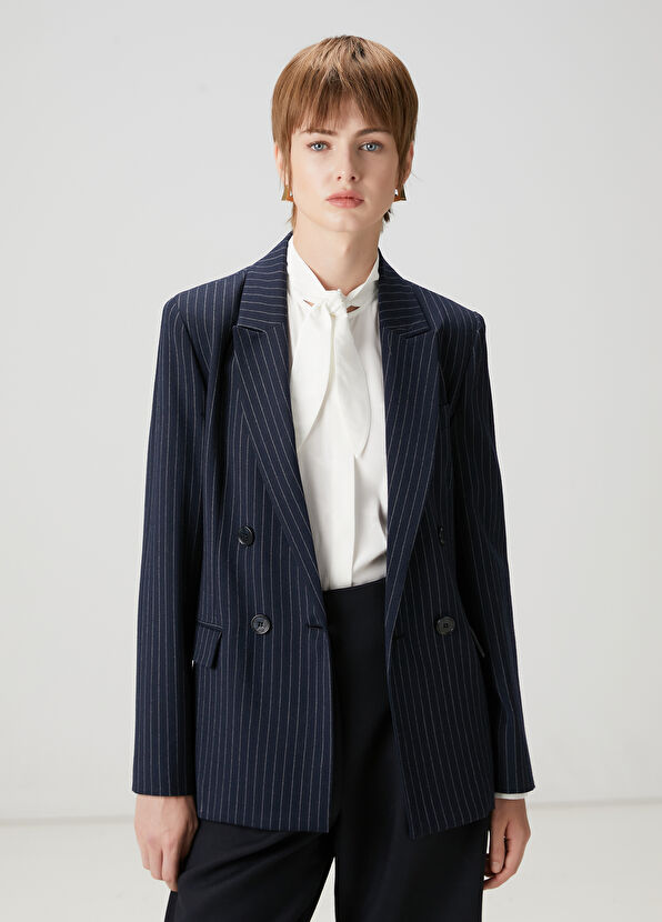 Beymen Club Navy Blue Striped Double-Breasted Jacket - 1