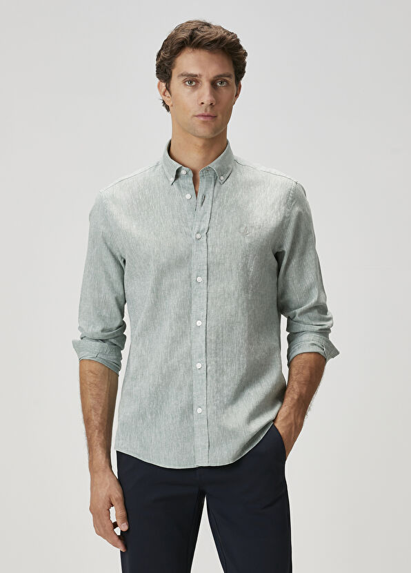 Beymen Club Comfort Fit Su Yeşili Keten Gömlek - 1