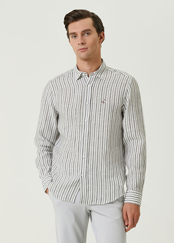 Beymen Club Comfort Fit Grey Striped Linen Shirt - 1