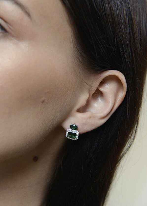 Apples & Figs Emerald Oval Studs 925 Sterling Silver Women's Zircon Earrings - 2