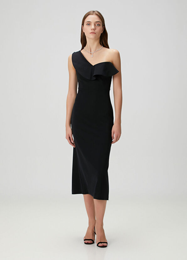 Siyah Tek Omuzlu Midi Kokteyl Elbise - Görsel 2