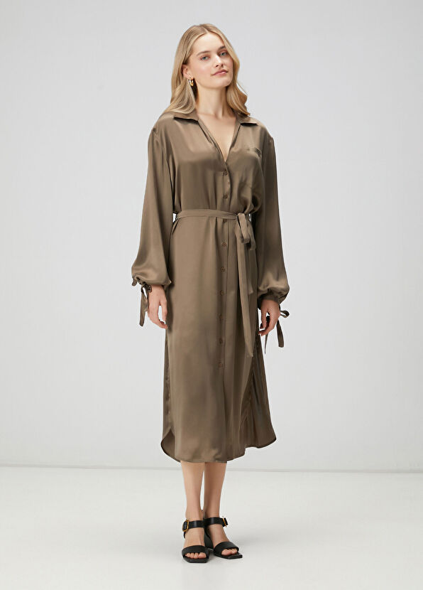 Beymen Club Khaki Midi Silk Satin Dress - 4
