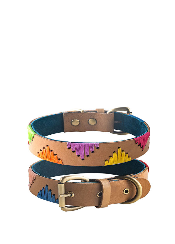 Zeynep Birinci Beige Genuine Leather Dog Neck Collar - 1