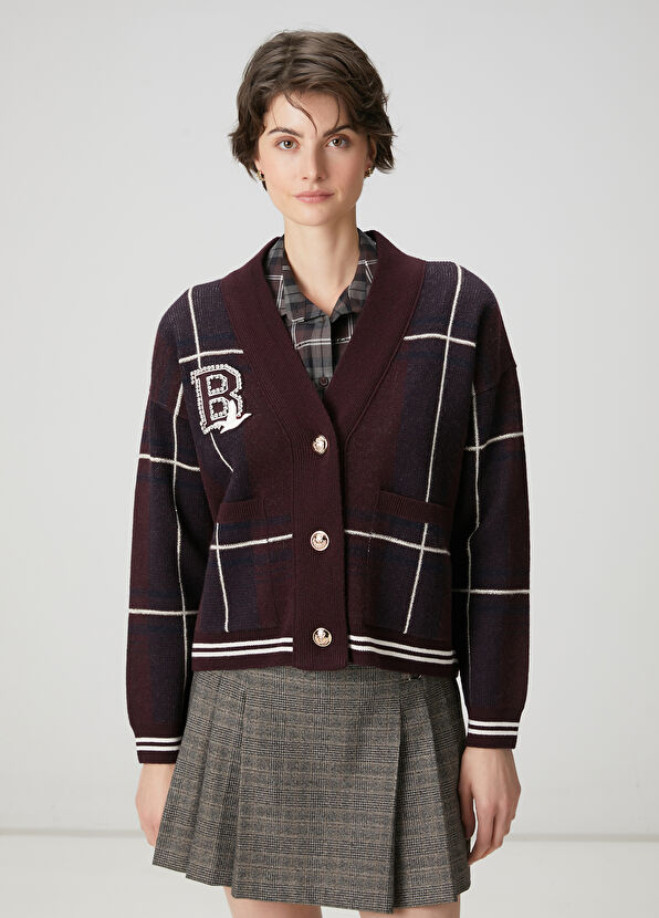 Beymen Club Burgundy Plaid Wool Cardigan - 1