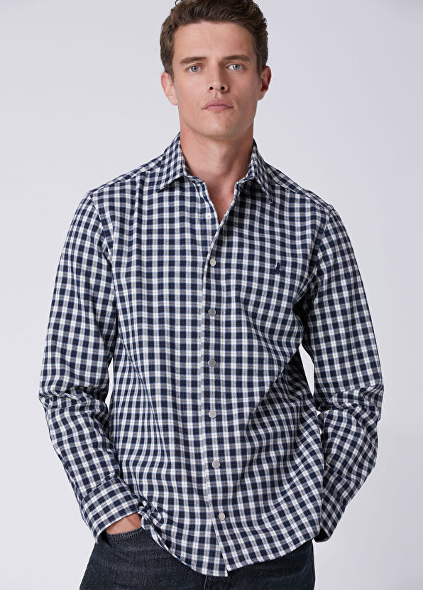 Beymen Club Relax Fit Navy Blue White Plaid Print Shirt - 1