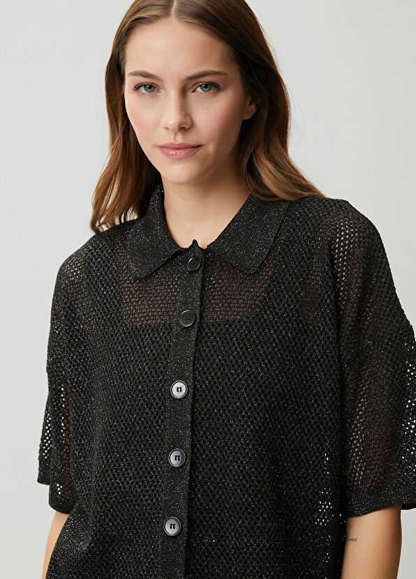 Beymen Club Anthracite Glitter Openwork Polo Sweater - 2