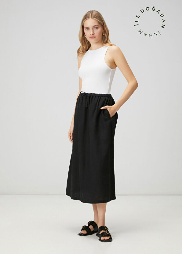 Beymen Club Midi Linen Skirt With Black Laces - 1