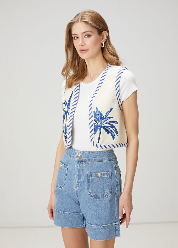 Beymen Club Kırık Beyaz Mavi Nakışlı Yelek - 2