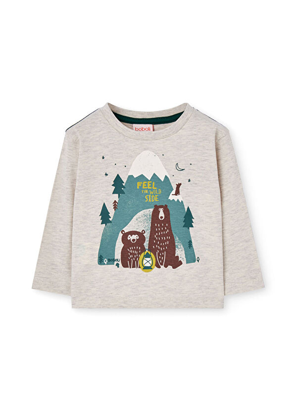 Boboli Ecru Animals Printed Long Sleeve Boys' T-Shirt - 1