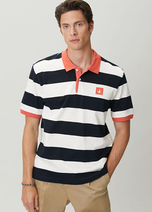 Beymen Club Comfort Fit Navy Blue White Polo Striped T-Shirt - 1