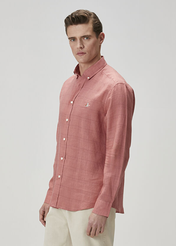 Beymen Club Comfort Fit Koyu Pembe Ekose Desenli Keten Gömlek - 4