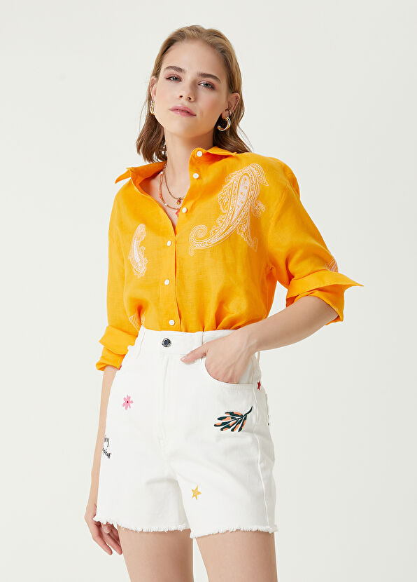 Beymen Club Orange Ethnic Embroidered Linen Shirt - 1