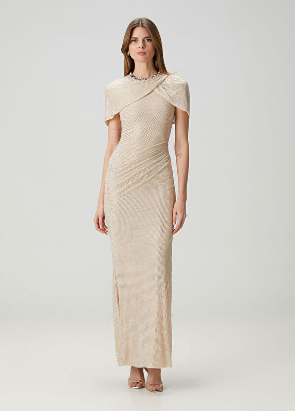 Şampanya Taşlı Maksi Abiye Elbise - Görsel 2