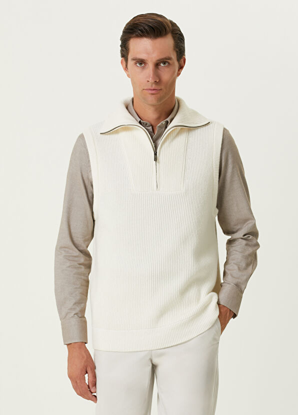 Beymen Club Ekru Yakası Fermuarlı Süveter - 1