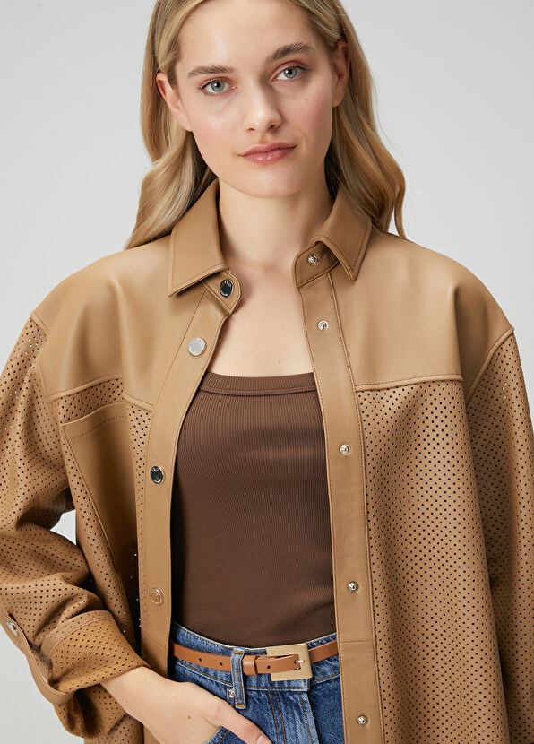 Beymen Club Koyu Bej Perfore Detaylı Deri Ceket - 2