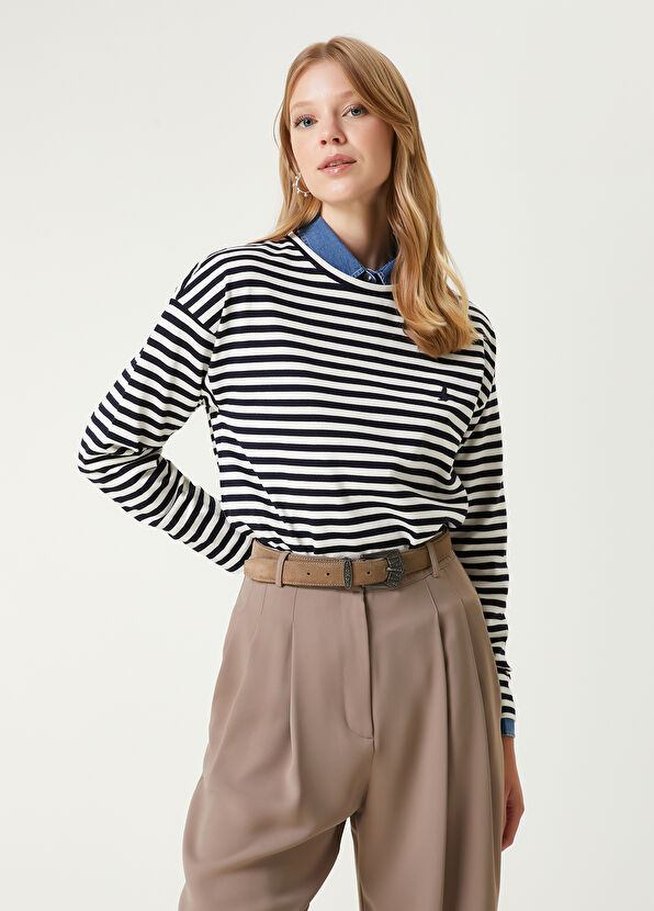 Navy Blue White Striped Sweatshirt Beymen Club Navy Blue White Striped Sweatshirt - 1