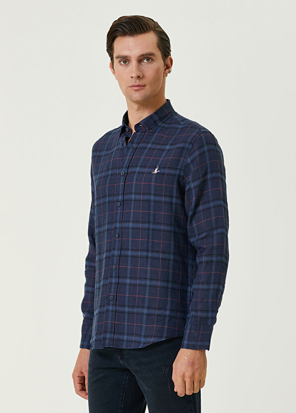 Beymen Club Lacivert Ekose Desenli Kırmızı Şeritli Gömlek - 4