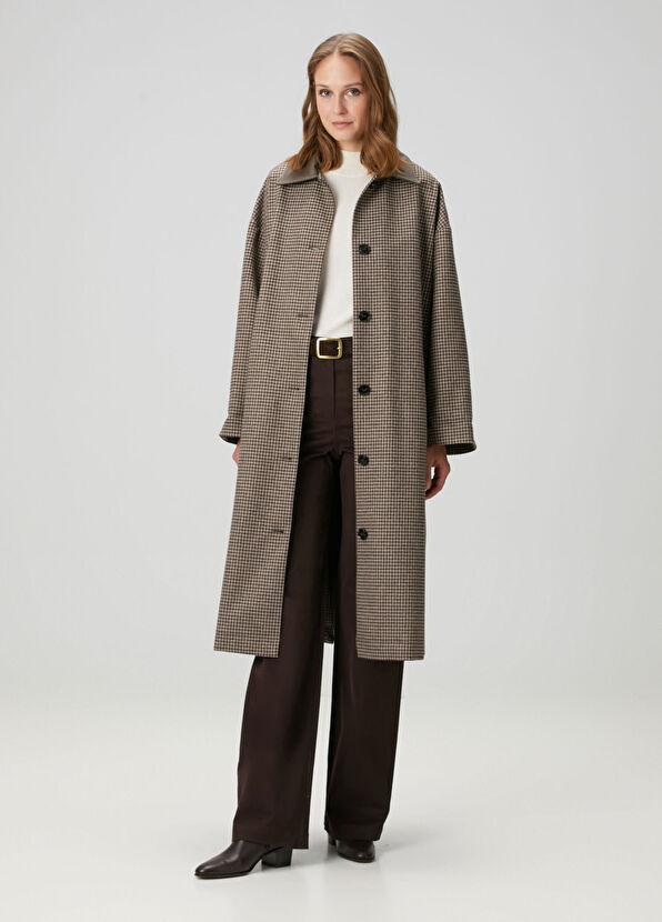 Kahverengi Yün Karışımlı Garnili Palto - Görsel 4