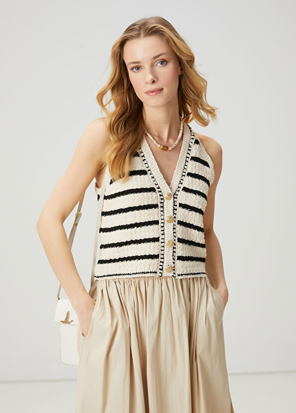 Beymen Club Ekru Siyah Çizgili Yelek - 1