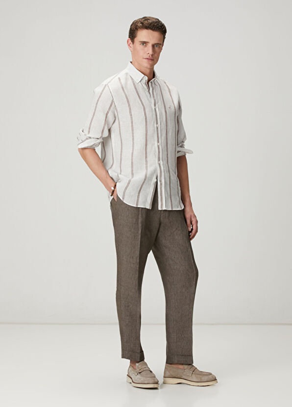 Beymen Club Krem Kahverengi Çizgili Comfort Fit Keten Gömlek - 3