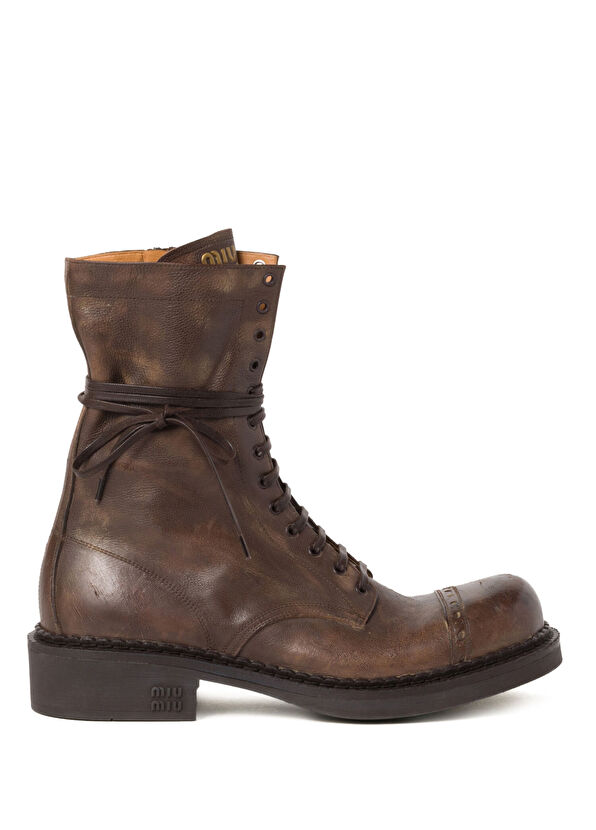 Miu Miu Bağcıklı Kahverengi Kadın Deri Bot - 2
