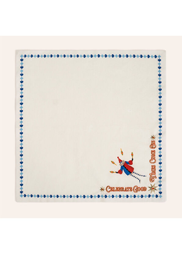 Zsa Zsa Zsu Nilüfer Digital Printed Embroidered Ecru Blue Cotton 2-Piece Napkin Set - 3