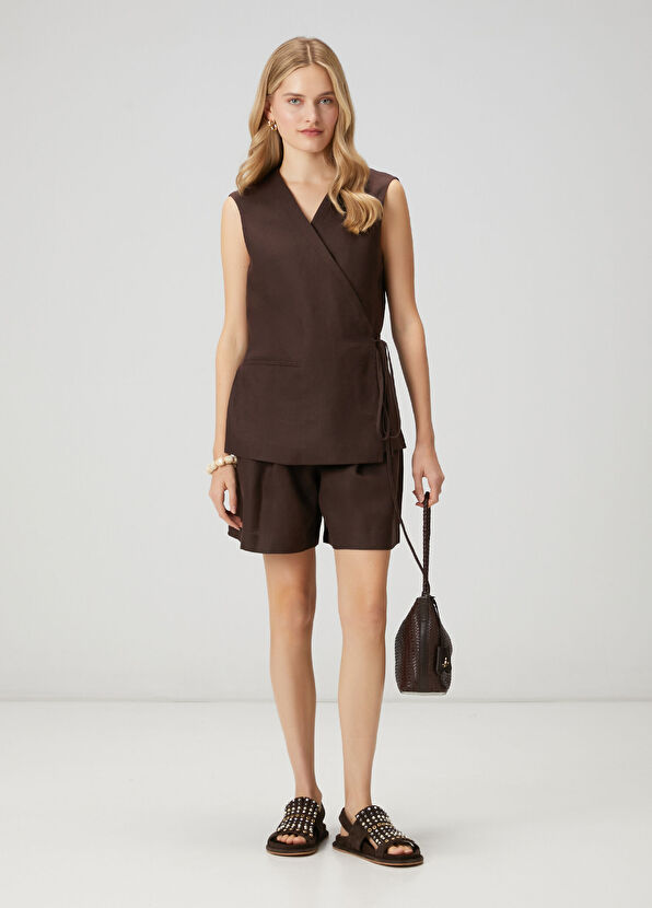 Beymen Club Kahverengi Pileli Rahat Kesim Keten Şort - 1