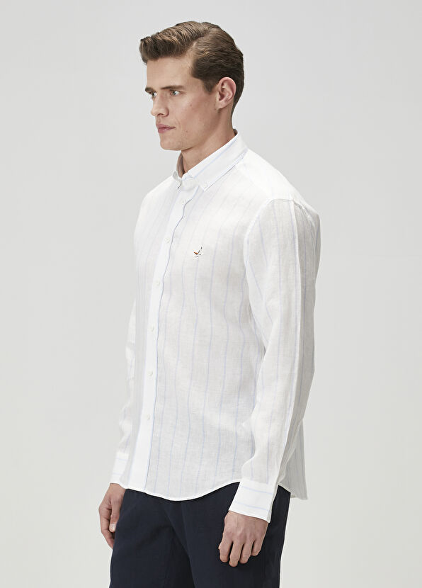 Beymen Club Comfort Fit Mavi Silik Çizgi Desenli Keten Gömlek - 4