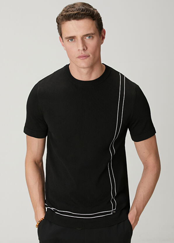 Beymen Club Black Knit Line Jacquard Short Sleeve Sweater - 2