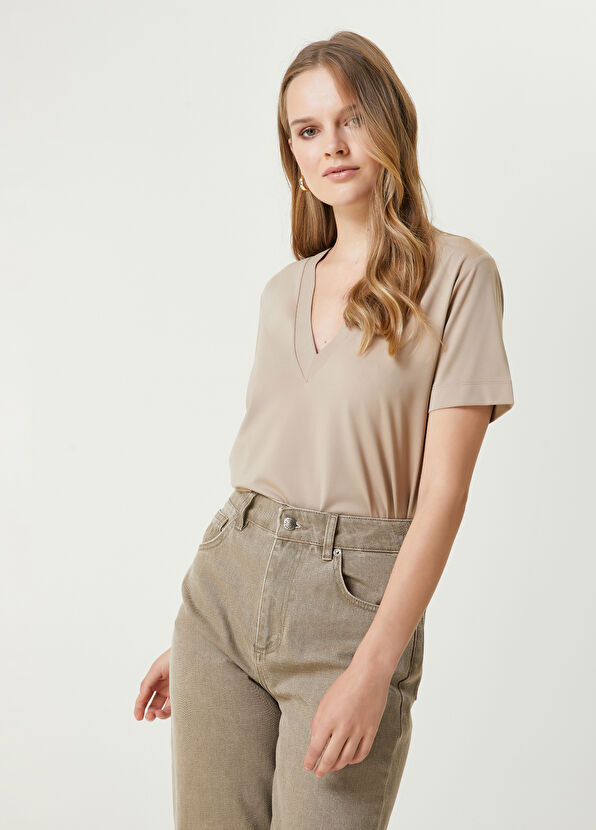 Beymen Club Beige V-Neck T-Shirt - 4