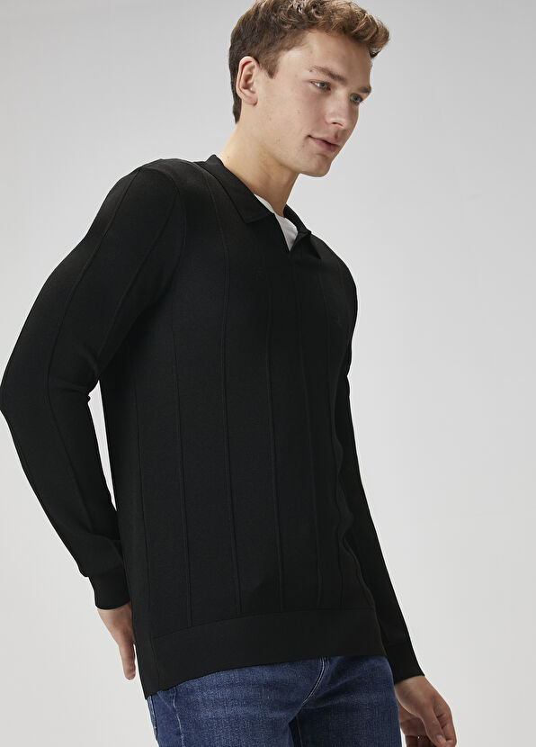 Beymen Club Black Striped Textured Polo Sweater - 2