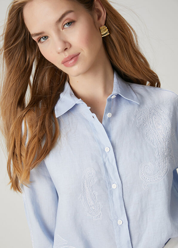 Beymen Club Blue Paisley Patterned Linen Shirt - 2