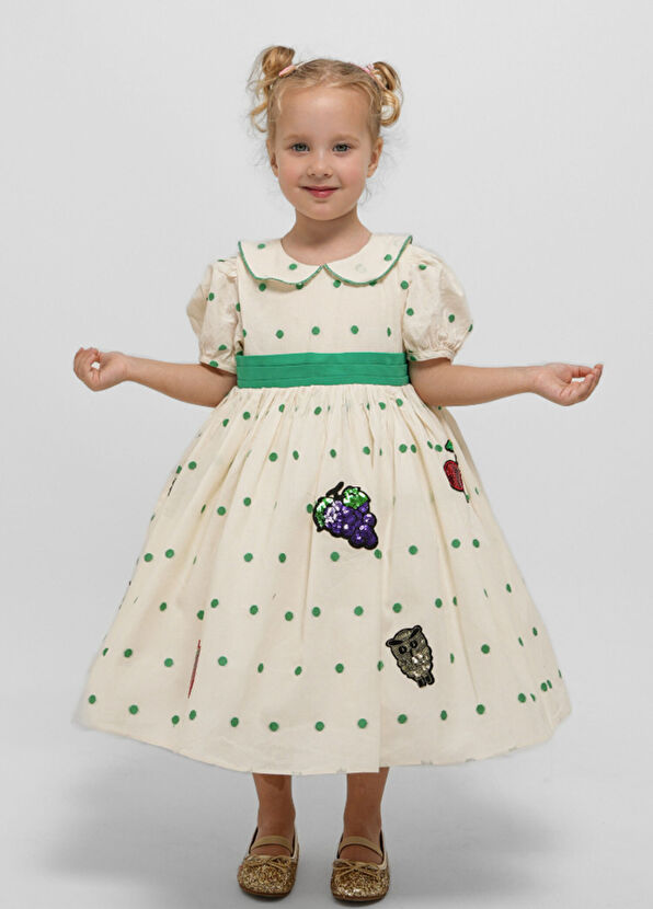 Lullmom Ekru Puanlı Kısa Kollu Kız Çocuk Elbise - 2