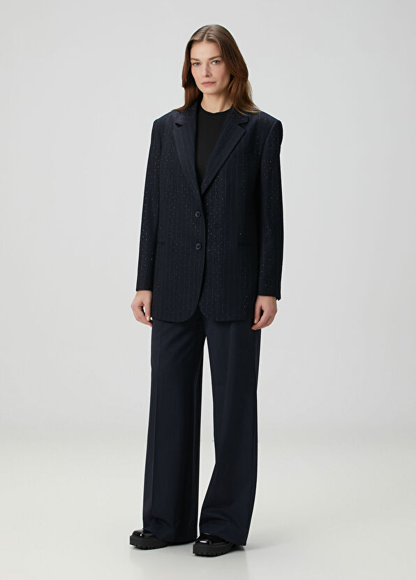 Sandro Navy Blue Striped Crystal Embellished Jacket - 2