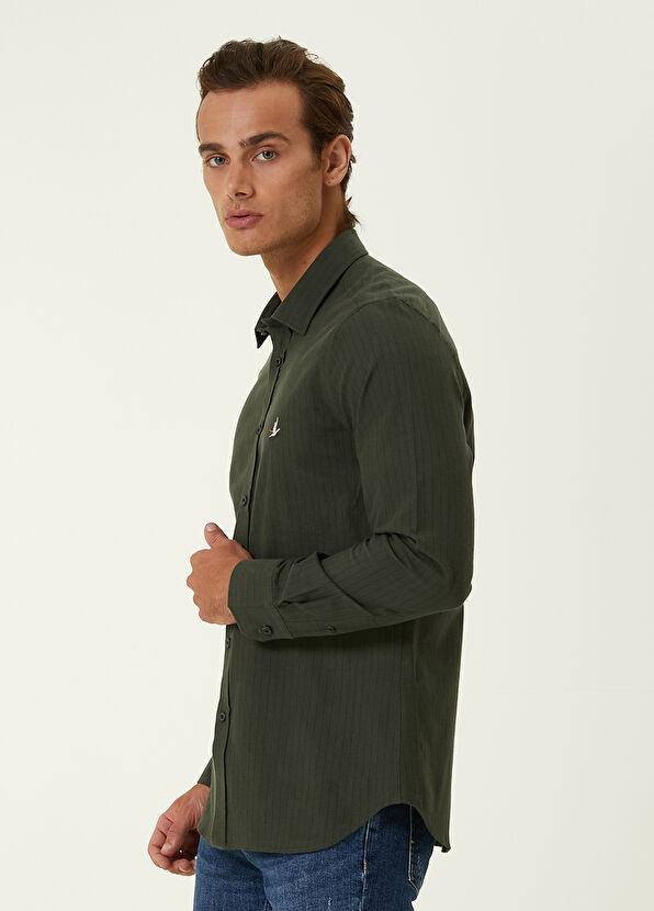 Beymen Club Slim Fit Haki İnce Çizgili Flanel Gömlek - 3