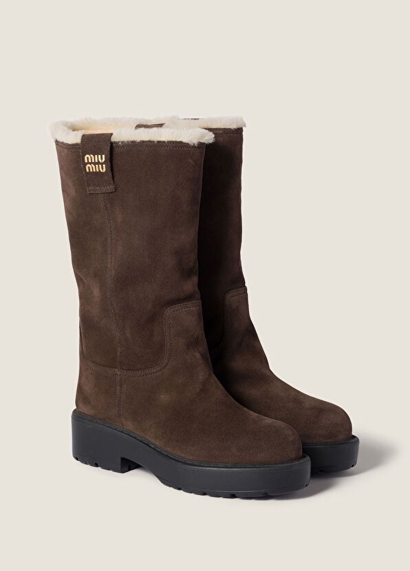 Miu Miu Kahverengi Süet ve Kürklü Deri Diz Altı Kadın Çizme - 2