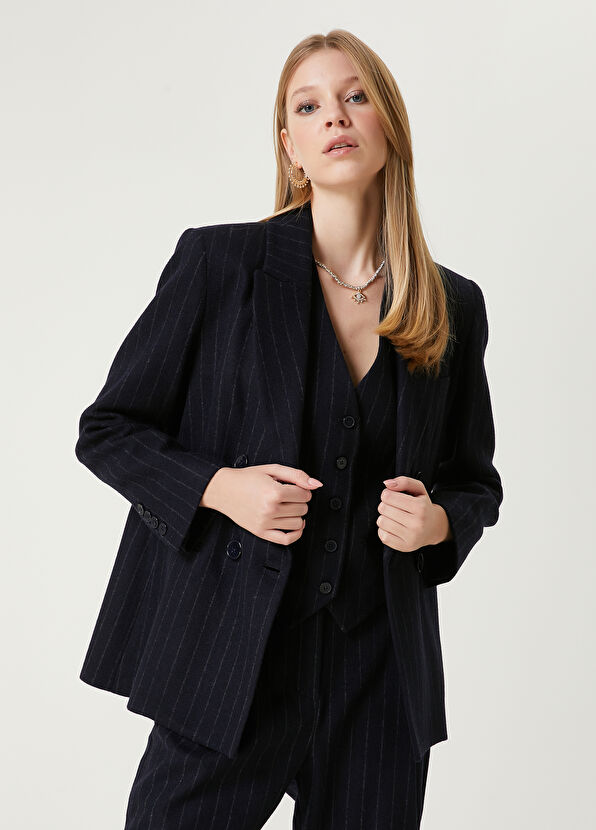 Beymen Club Navy Blue Striped Wool Blazer - 1
