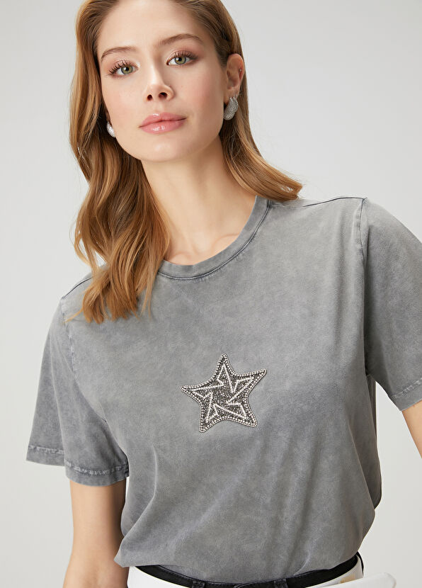 Beymen Club Light Grey Stones Star Embroidered T-Shirt - 1