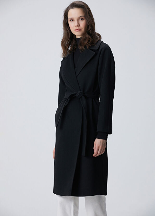 Siyah Punto Detaylı Astarlı Basic Kaşe Manto - Görsel 2