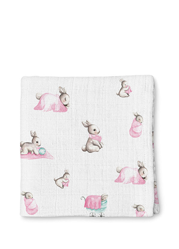 Deux Lapins %100 Pamuk Bébé Lapin Rose Müslin Bebek Örtüsü 100x100 cm - 1